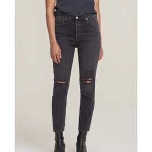 AGOLDE Nico High Rise‎ Slim Jeans Cassette Washed Black Distressed 27 Button Fly